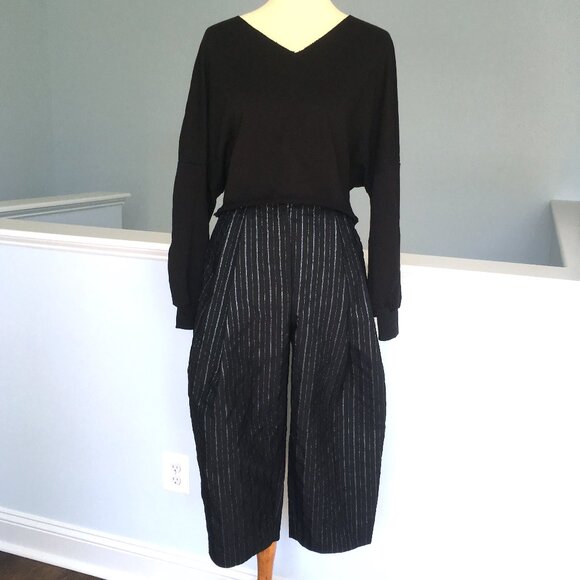 Marc Jacobs Black Wide Leg Pants 4 2 0 XS Barrel High Rise Striped Pleated - Picture 2 of 14